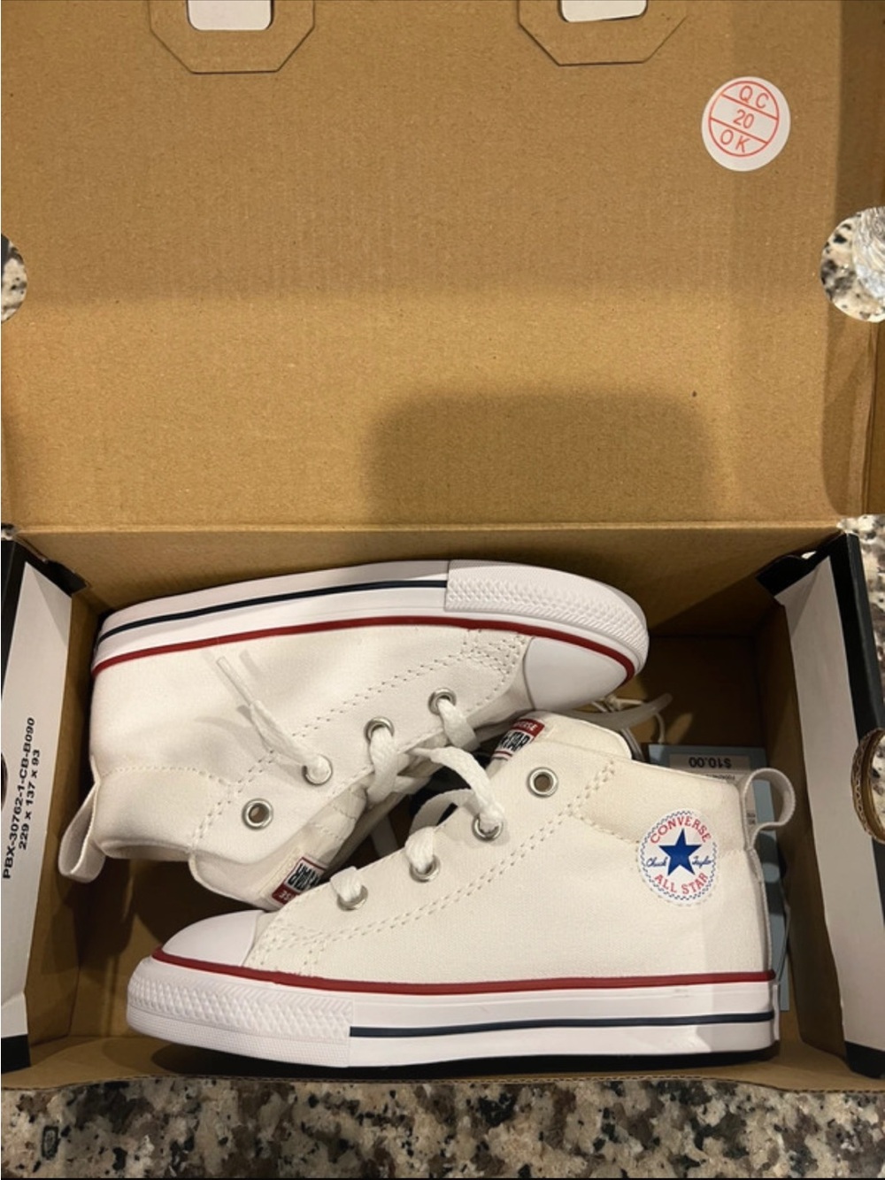 Converse Kids White High Top Sneakers with Red & Blue Stripe